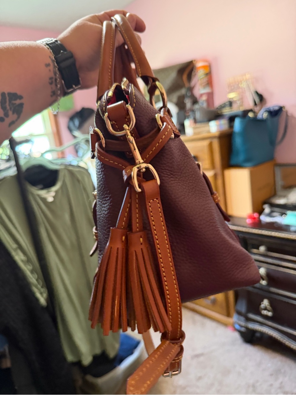 Dooney & Bourke Burgundy/Plum Bristol Satchel with Brown Trim and Gold Hardware - Picture 4 of 6